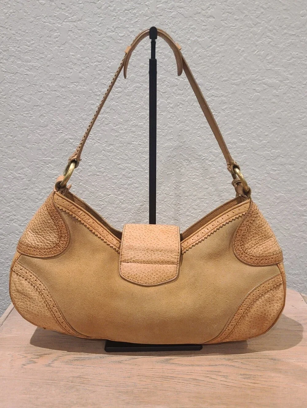 Via Spiga Tan Suede & Pebbled Leather Hobo Shoulder Bag Fringe Flap Purse Y2K